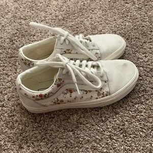 Vans, size 7.5, Off-White with pink and yellow flowers. Thick laces